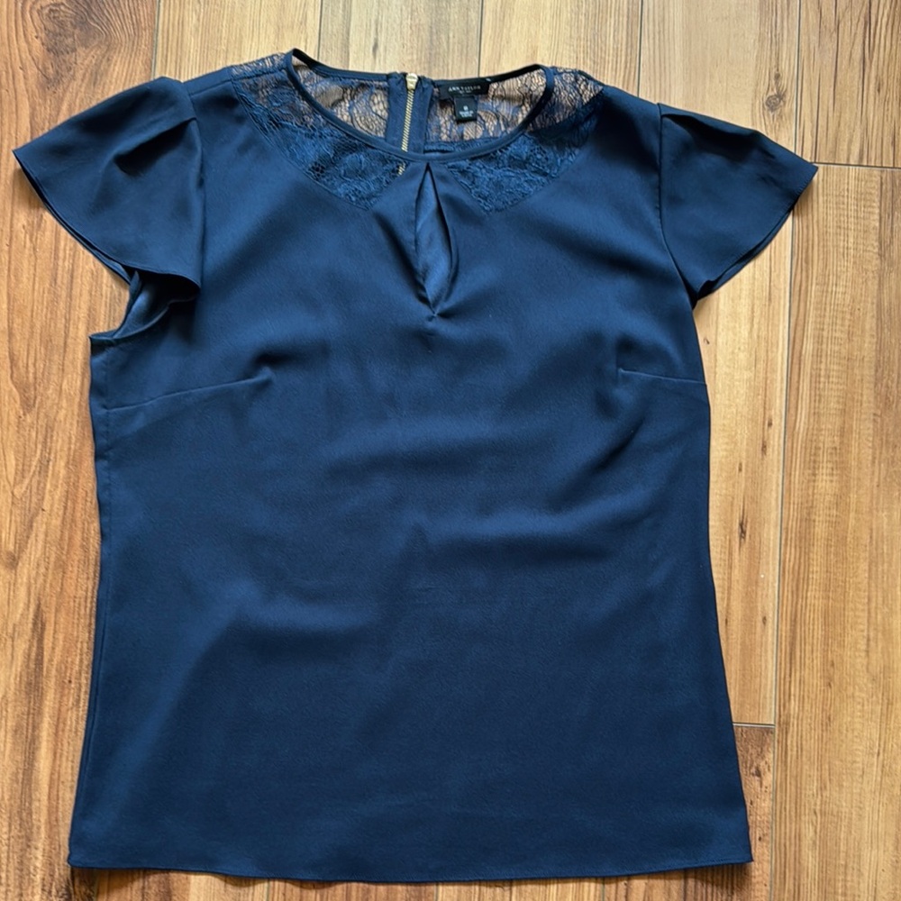Ann Taylor Navy Blue Laced Neckline Cap Sleeve Blouse